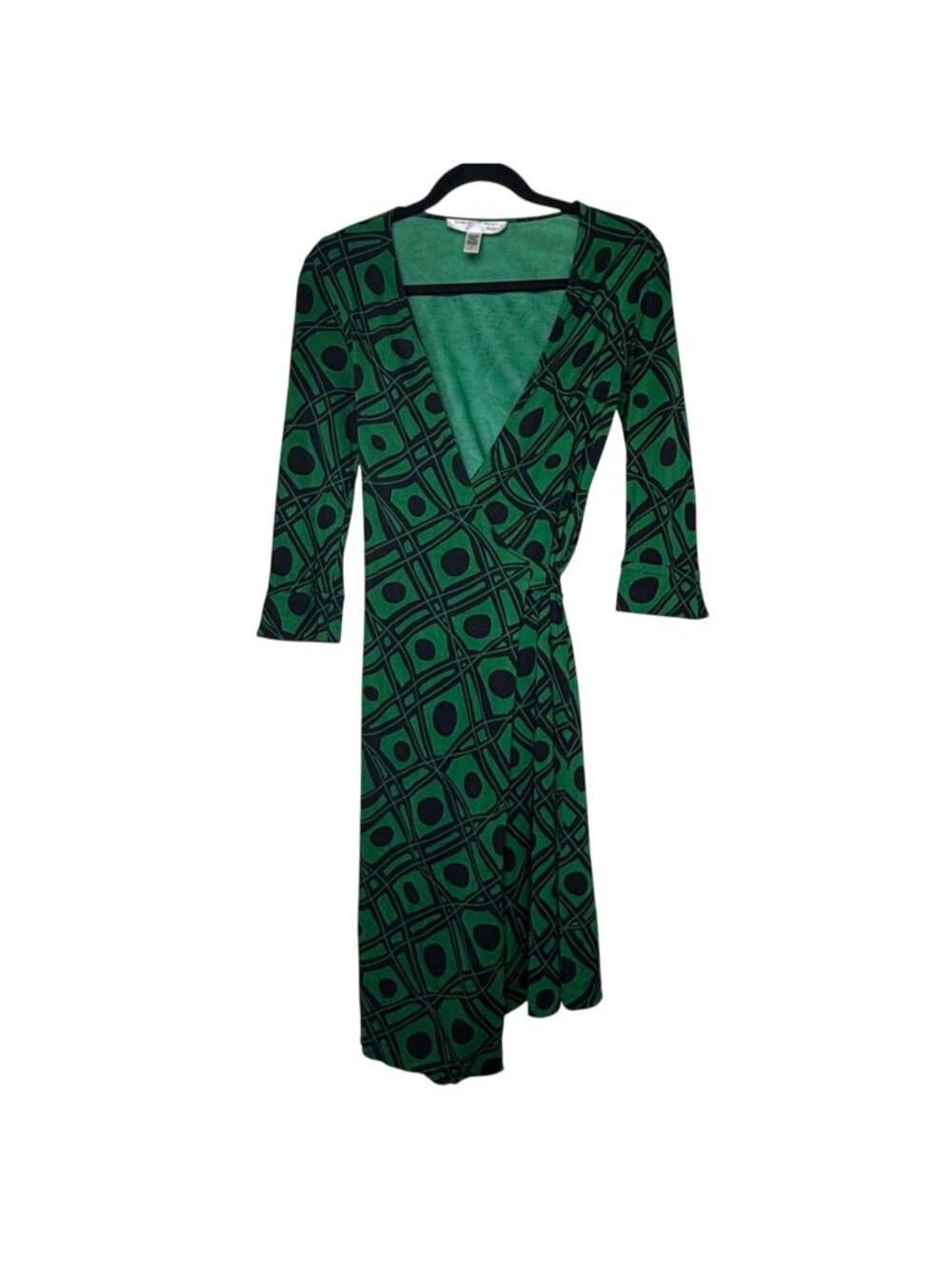 Vintage Diane Von Furstenberg Green & Black Geometric Print Silk Wrap Dress Sz 6